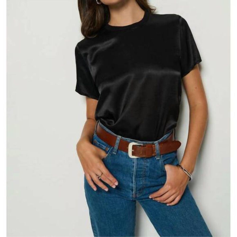NATION LTD Shirt‎ Womens XS Black Marie Sateen Boxy Crop Tee Short Sleeve Crew